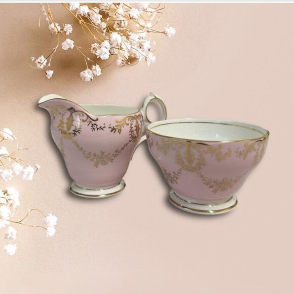 Vintage Queen Anne Pink Golden Scrolling Creamer and Sugar Bowl - Picture 2 of 6